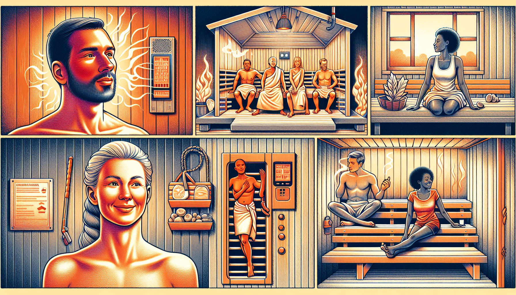 Illustration of sauna users experiencing therapeutic effects