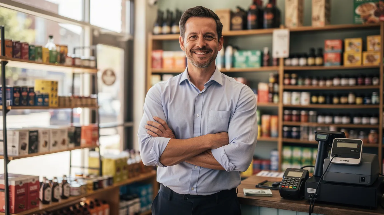 The image depicts a confident small business owner and local merchant standing together, exuding success after securing a merchant cash advance. They represent small and medium businesses in New York, showcasing the positive impact of direct funding.