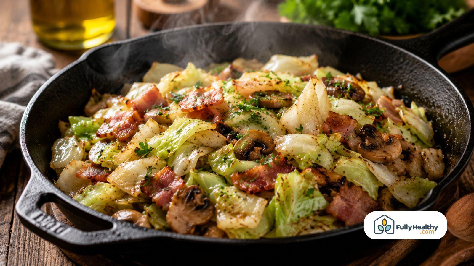 Keto cabbage skillet with bacon mushrooms and herbs cooked in cast iron