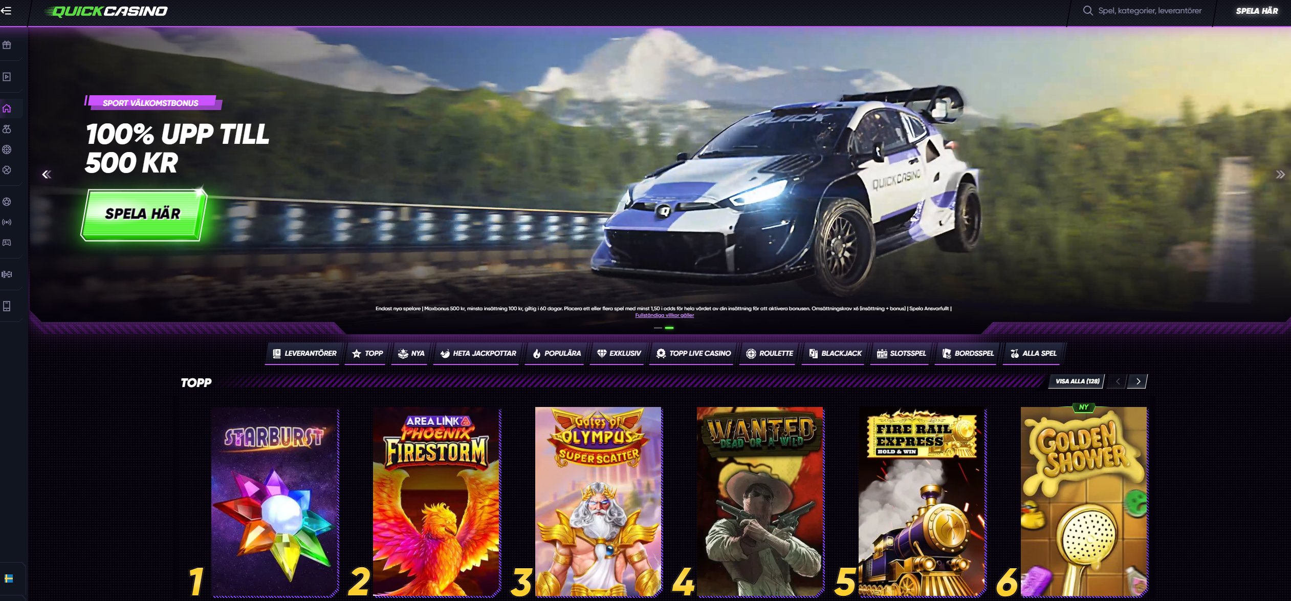 Quick Casinos startsida med välkomstbonus, spelkategorier och populära casinospel.