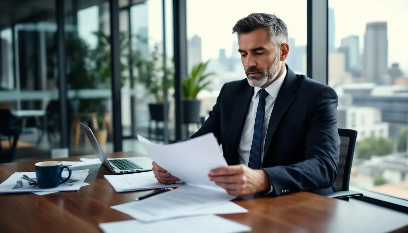 A business owner sits at a desk, carefully reviewing key person disability insurance documents, which are essential for ensuring financial protection against unexpected disabilities affecting vital employees. The scene reflects the importance of having coverage options to maintain business continuity and mitigate potential financial burdens.
