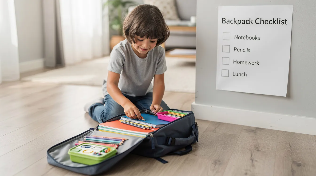 A child is seen organizing a backpack while referencing a checklist on the wall, showcasing essential skills like organization and planning that nurture their executive functioning skills. This activity supports the child's ability to manage multiple tasks and enhances their cognitive skills, crucial for everyday life and academic success.