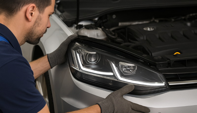 A mechanic is installing LED product in a car work in every condition and time