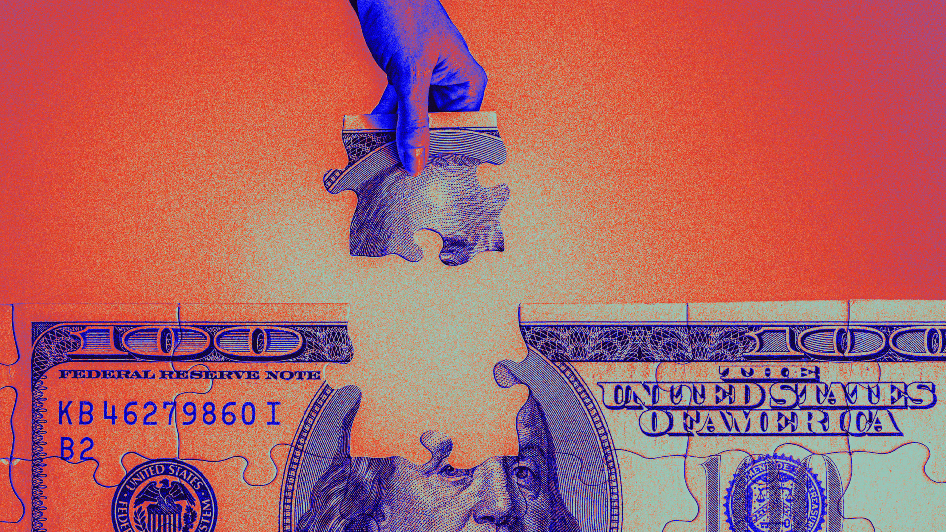 A case study visual representing a US Dollar note put together as a puzzle.
