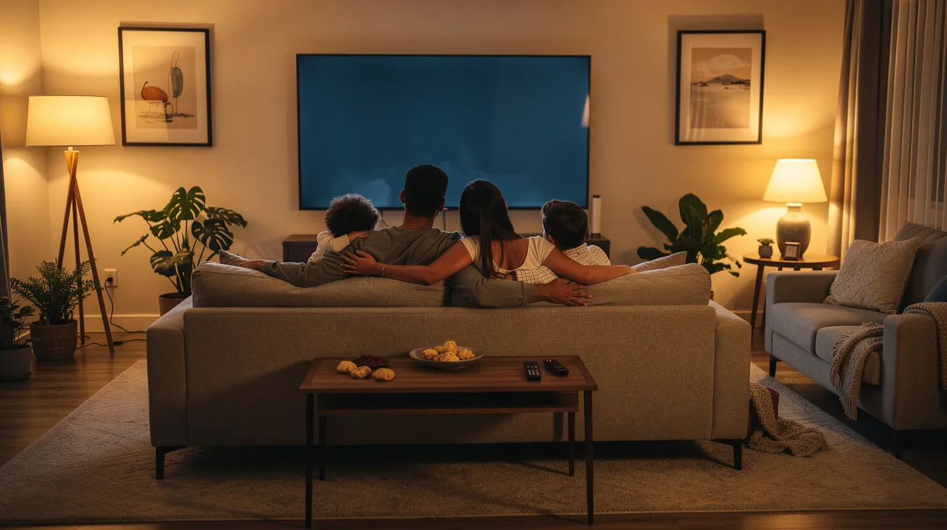 A family is comfortably seated on a sofa in a warm living room, enjoying a large television that displays a variety of live TV channels. This inviting scene highlights the joy of watching quality content together, possibly through a reliable IPTV service that offers an extensive channel lineup and high-quality streaming.