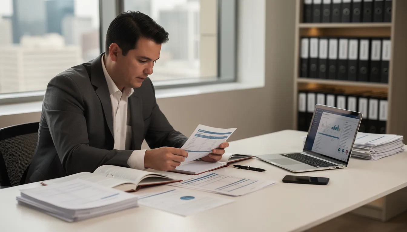 A professional property manager is seated at a desk, reviewing rental documents alongside a laptop and various paperwork, emphasizing their role in managing rental properties efficiently. This scene highlights the importance of a good property management company in handling lease agreements, collecting rent, and ensuring tenant satisfaction.