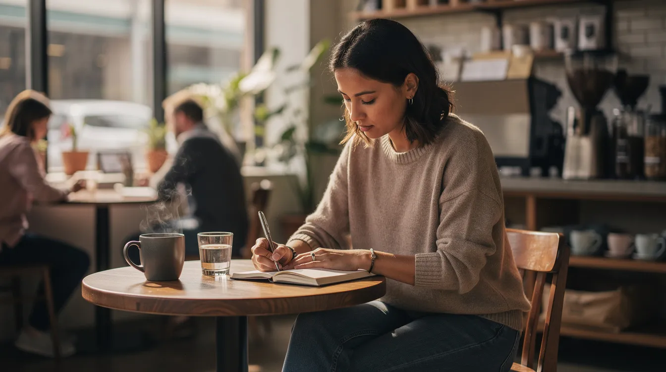 A person sits at a coffee shop, journaling thoughtfully, surrounded by a cozy atmosphere that encourages reflection on core values and personal growth. Their focused expression suggests they are contemplating the emotional connection and compatibility needed for a healthy relationship.