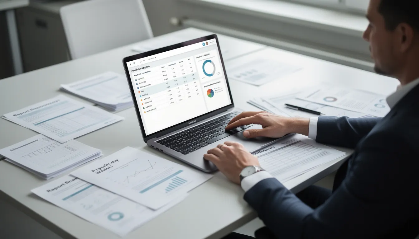 Na zdjęciu widoczna jest osoba pracująca przy biurku, otoczona dokumentami finansowymi oraz laptopem. W tle można dostrzec elementy związane z prowadzeniem ksiąg rachunkowych i sporządzaniem sprawozdań finansowych.