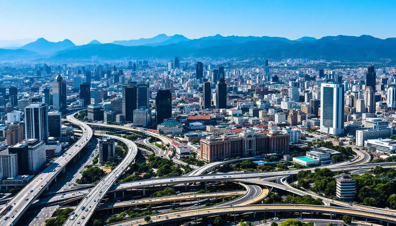 A stunning panoramic view of Mexico City showcases its vibrant skyline with the majestic mountains in the background, reflecting the rich cultural heritage of this bustling capital city. This image highlights the diverse and dynamic environment that many Americans moving to Mexico can experience while living among local Mexican residents.