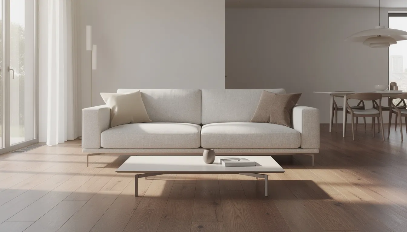 A slim-profile three-seater sofa in oatmeal fabric is elegantly positioned in an open-plan living-dining area with timber floors, showcasing a contemporary design perfect for small living spaces. This stylish sofa features removable and washable covers, making it ideal for apartment living while offering comfortable seating for hosting movie nights or accommodating overnight guests.