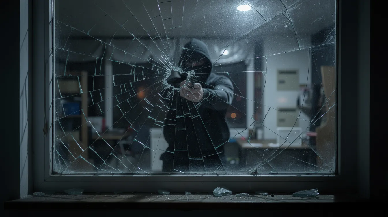The image depicts a shattered window made of ballistic glass, with broken glass scattered around the frame, while an intruder holding a gun stands outside, facing the window. This scene highlights the importance of bullet resistant glass and security measures to prevent forced entry and protect against ballistic attacks.
