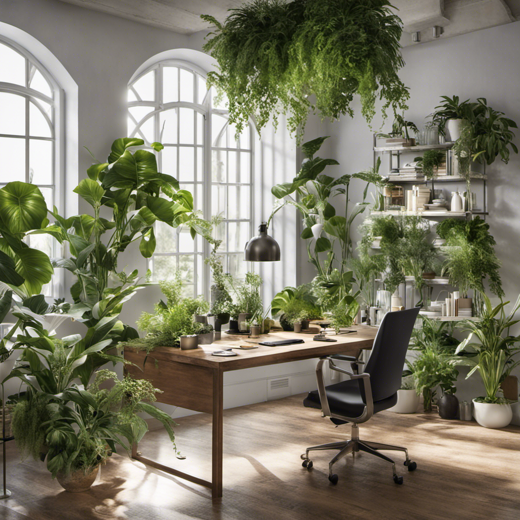 A photo of healthy house plants being watered and pruned as part of their maintenance requirements.