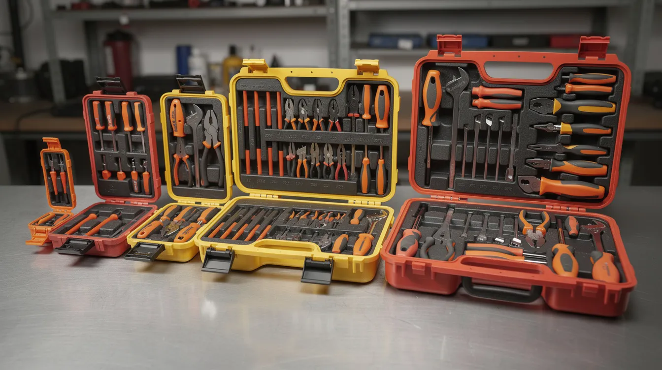 An array of various-sized Klein insulated tool kits, including wire strippers and cutting pliers, is neatly arranged from smallest to largest on a metal workshop table, showcasing their 1000v insulated features and compliance with ASTM F1505 and IEC 60900 standards for safety near energized sources. Each tool is designed for greater torque and comfort, with a cushion grip for ease of use.