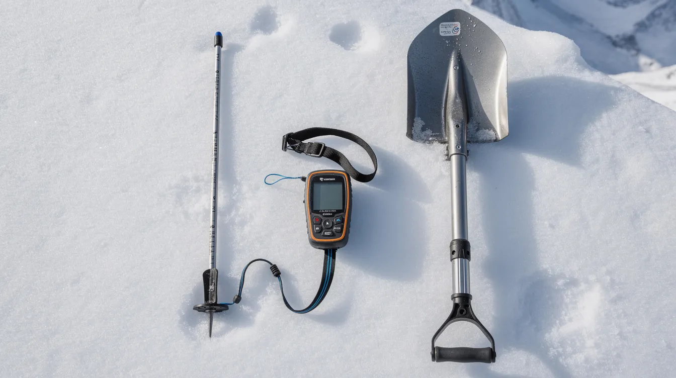Auf dem Schnee liegt eine Auswahl an Lawinenschutz-Ausrüstung, bestehend aus einem LVS-Gerät (Lawinenverschüttetensuchgerät), einer Lawinensonde und einer Schaufel. Diese wichtige Skiausrüstung ist unerlässlich für die Sicherheit beim Skifahren in gefährlichen Wetterlagen und Tiefschnee.