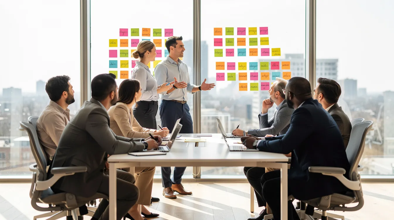 L'image montre des collègues engagés dans une discussion active au sein d'un espace de travail ouvert et moderne, avec des post-it colorés accrochés sur un mur vitré. Cette scène illustre la collaboration au sein d'une équipe, mettant en avant l'importance de la communication et des rôles de chacun pour la réussite d'un projet.