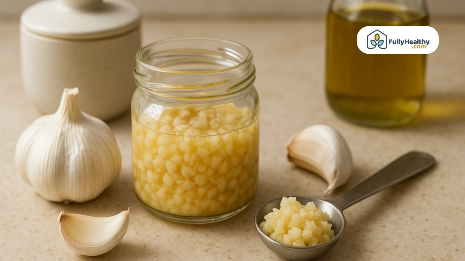 Jar of minced garlic with cloves oil and spoon on counter