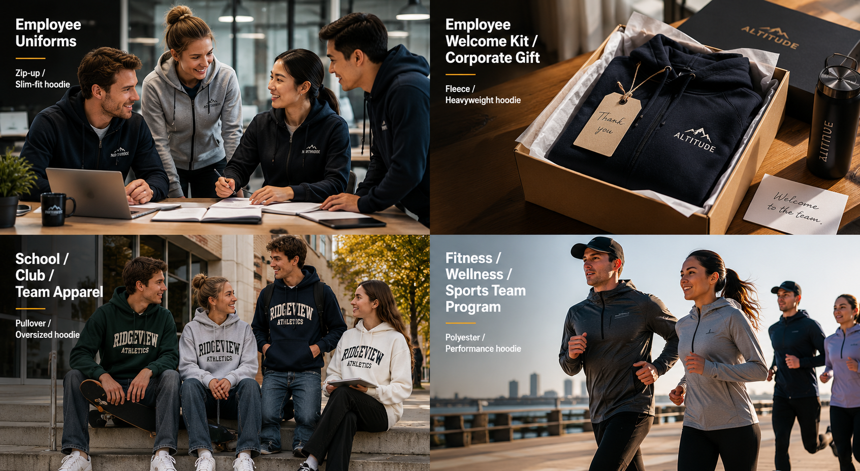 Hoodie recommendations by project type including employee apparel, corporate gifts, and sports events