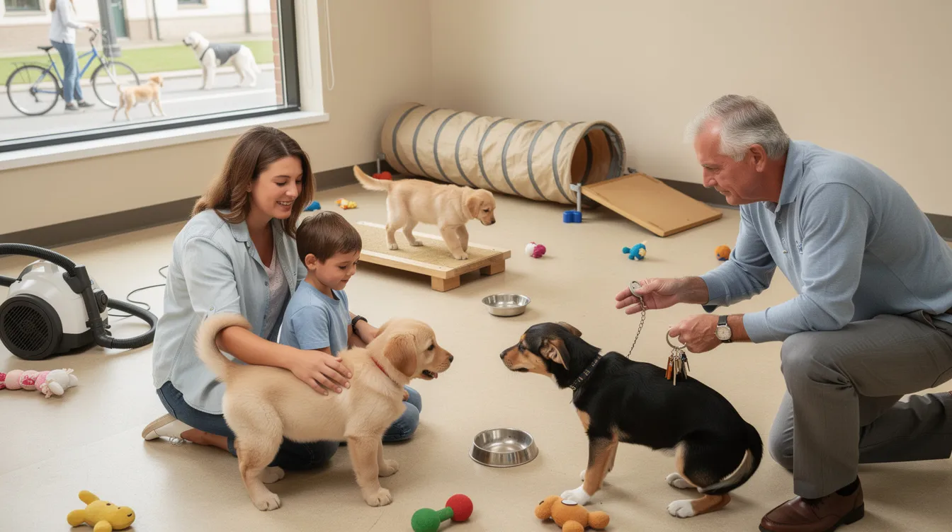 The image depicts a new puppy interacting with other dogs in a calm park setting, showcasing relaxed body language and positive associations as they explore their environment. Nearby, a person is using high-value treats to encourage friendly interactions, emphasizing the importance of socialization in the puppy's development.