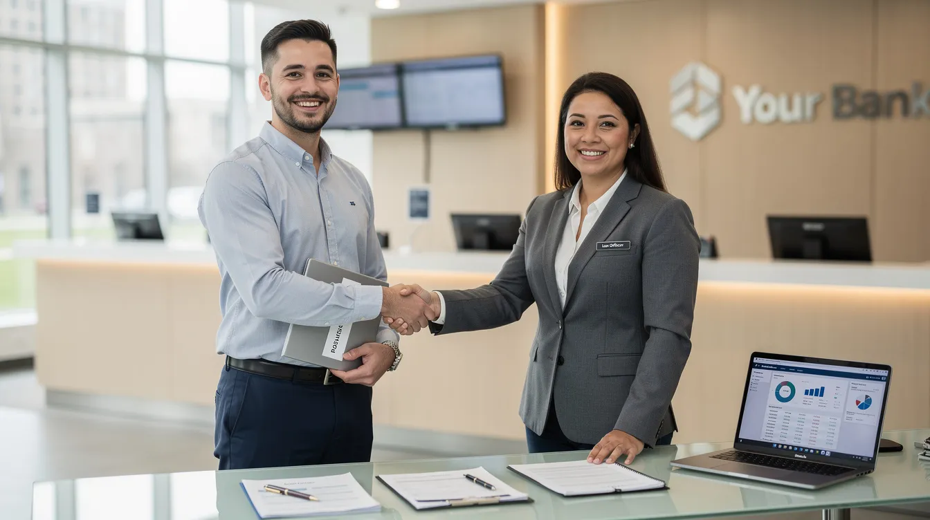 7ea3c626 fe46 4bff 89d6 16e896df4213 The image depicts a small business owner shaking hands with a bank officer inside a branch office, symbolizing successful business transactions and the potential for mudra loan approval. The setting conveys a professional atmosphere, highlighting the importance of clear business plans and eligibility criteria in securing financial support for small business owners.