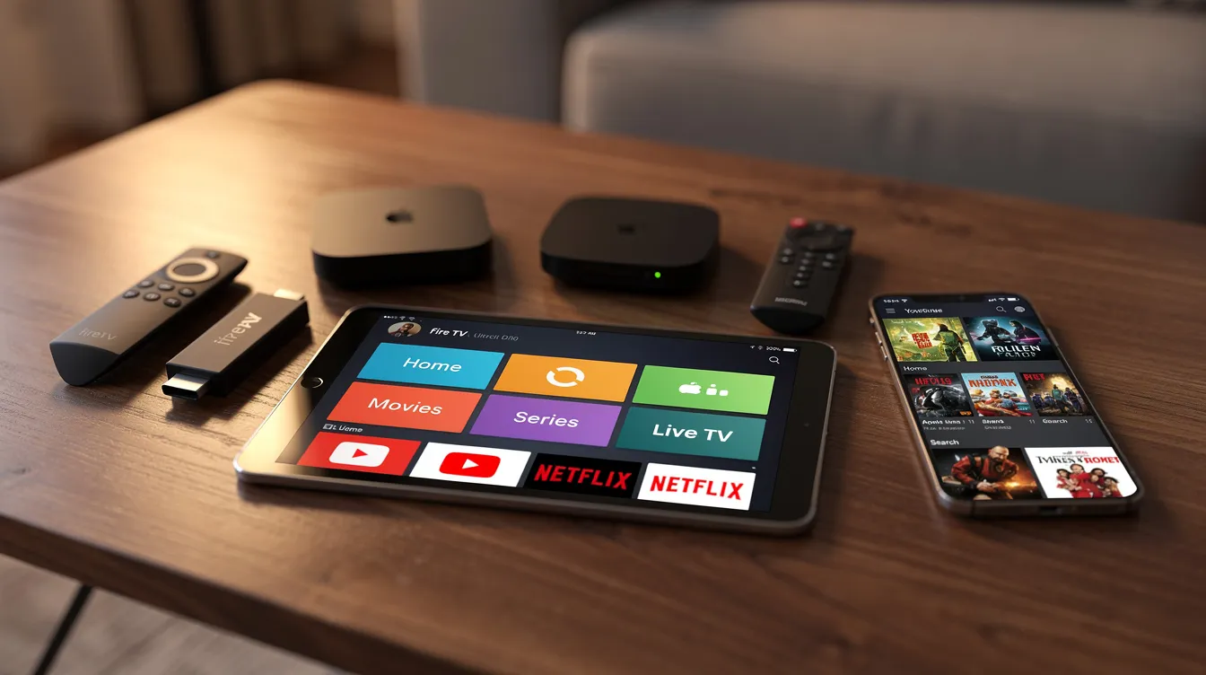 The image features several streaming devices, including a Fire TV stick, a small Android box, a tablet, and a smartphone, all displayed on a wooden table, showcasing various channel menus. These devices highlight the versatility of IPTV services, such as Kenoa TV, which offers a comprehensive channel lineup and supports multiple devices for uninterrupted streaming.
