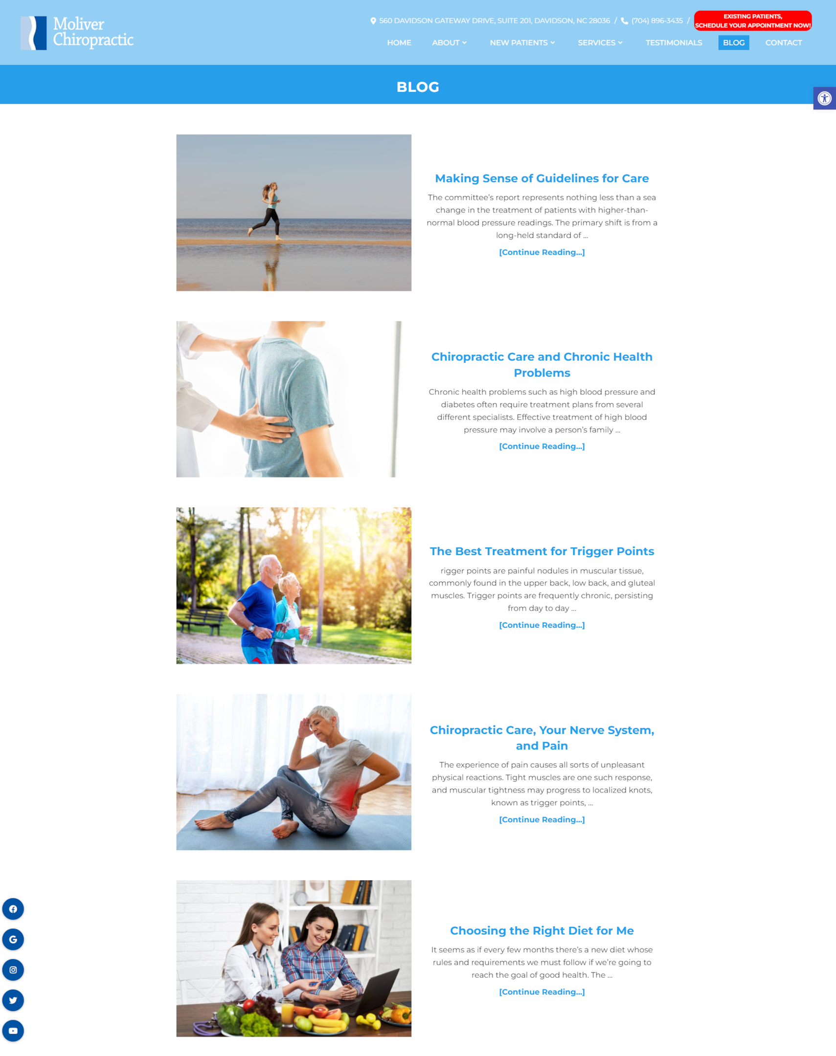 Moliver Chiropractic blog page with a clean layout featuring multiple posts related to chiropractic care, each with a ‘Continue Reading’ button.