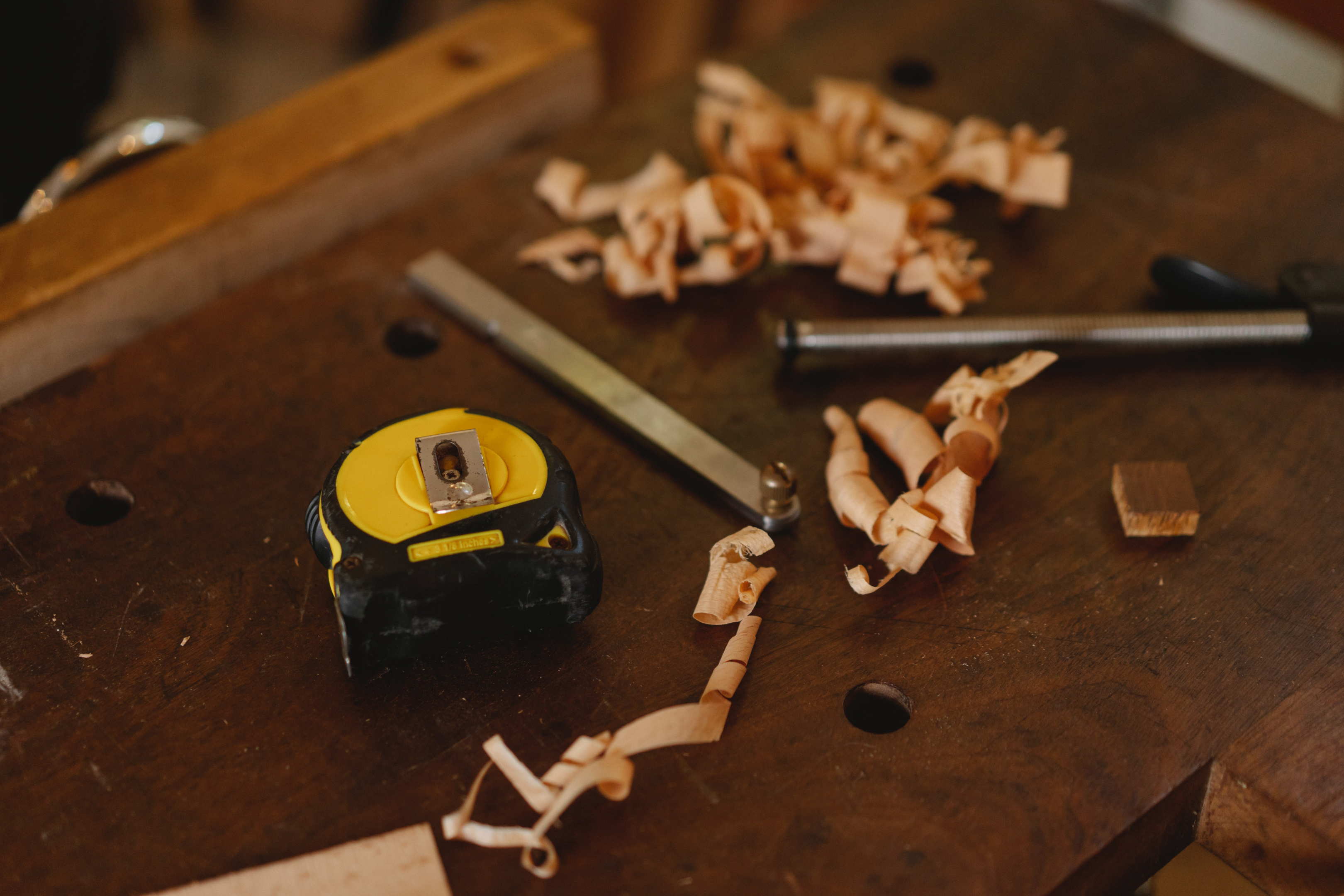 wood shavings and a measuring tape.