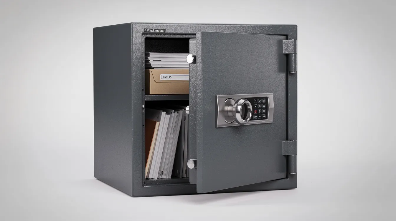 The image features a fireproof and waterproof safe designed for secure storage of important documents, such as medical records, tax documents, and vital records. Its robust construction ensures the protection of essential documents, helping users stay organized and safeguard their most important papers.