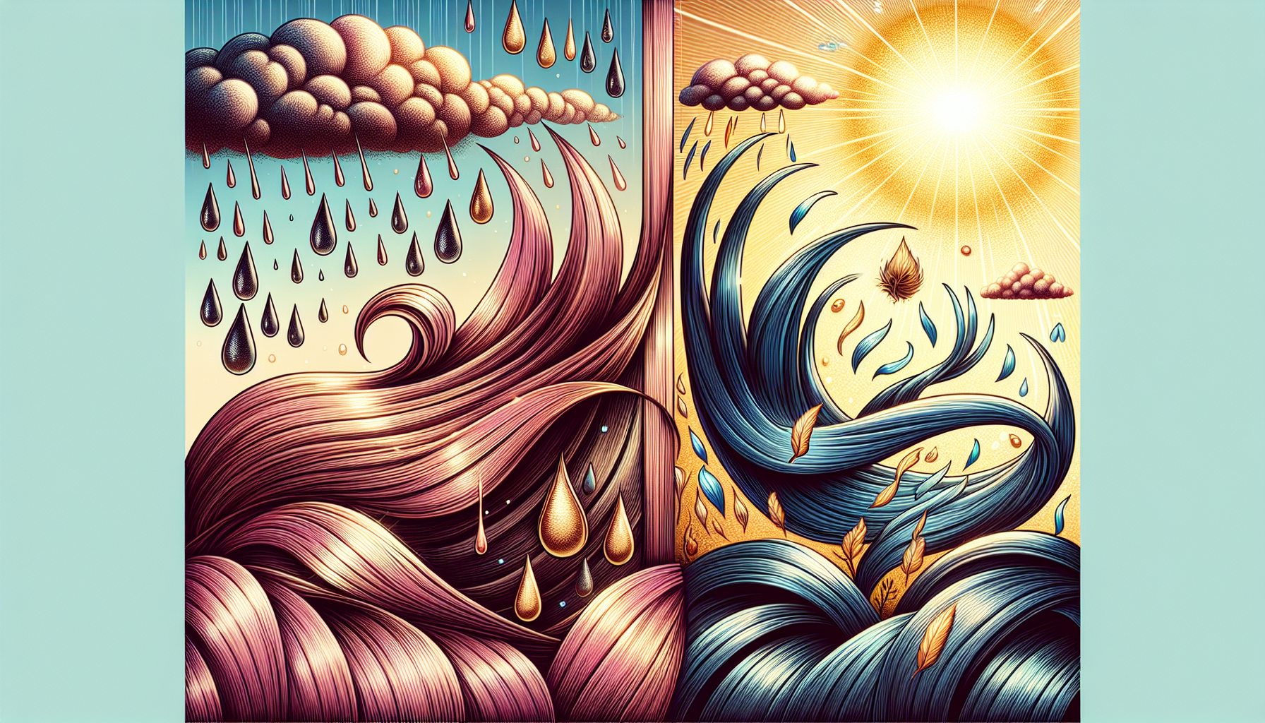 Illustration showing the longevity and maintenance of hair fibers in various weather conditions.