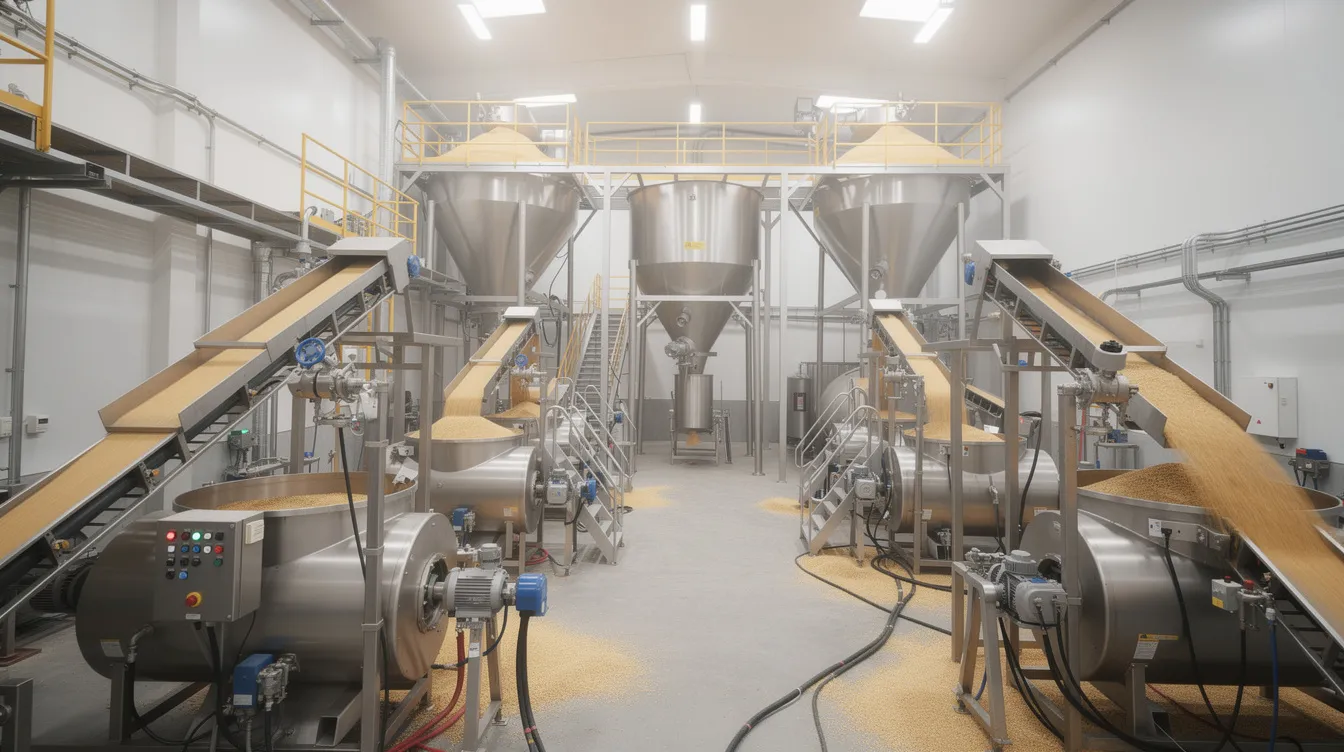 7ead0dae d6e1 40b9 aa83 2ea0238452ee The image depicts the interior of a rice mill factory, showcasing various milling equipment and conveyor systems actively processing grain. This efficient setup highlights the operational aspects of a rice mill business, emphasizing the production process and the importance of quality control in achieving polished rice and other rice-related products.