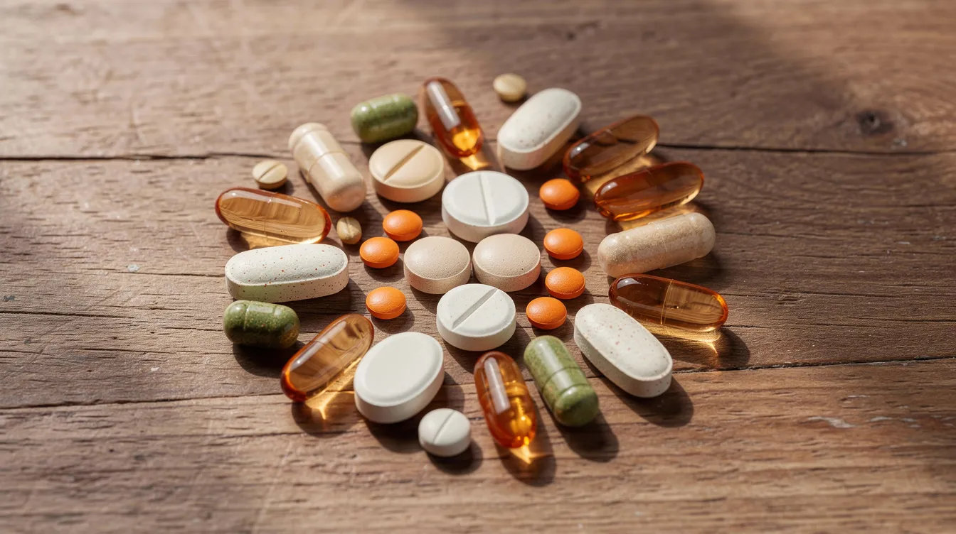 The image features a variety of supplement capsules and tablets, including magnesium supplements, thoughtfully arranged on a wooden surface. These dietary supplements are often used to address magnesium deficiency, which can impact sleep quality and overall health.