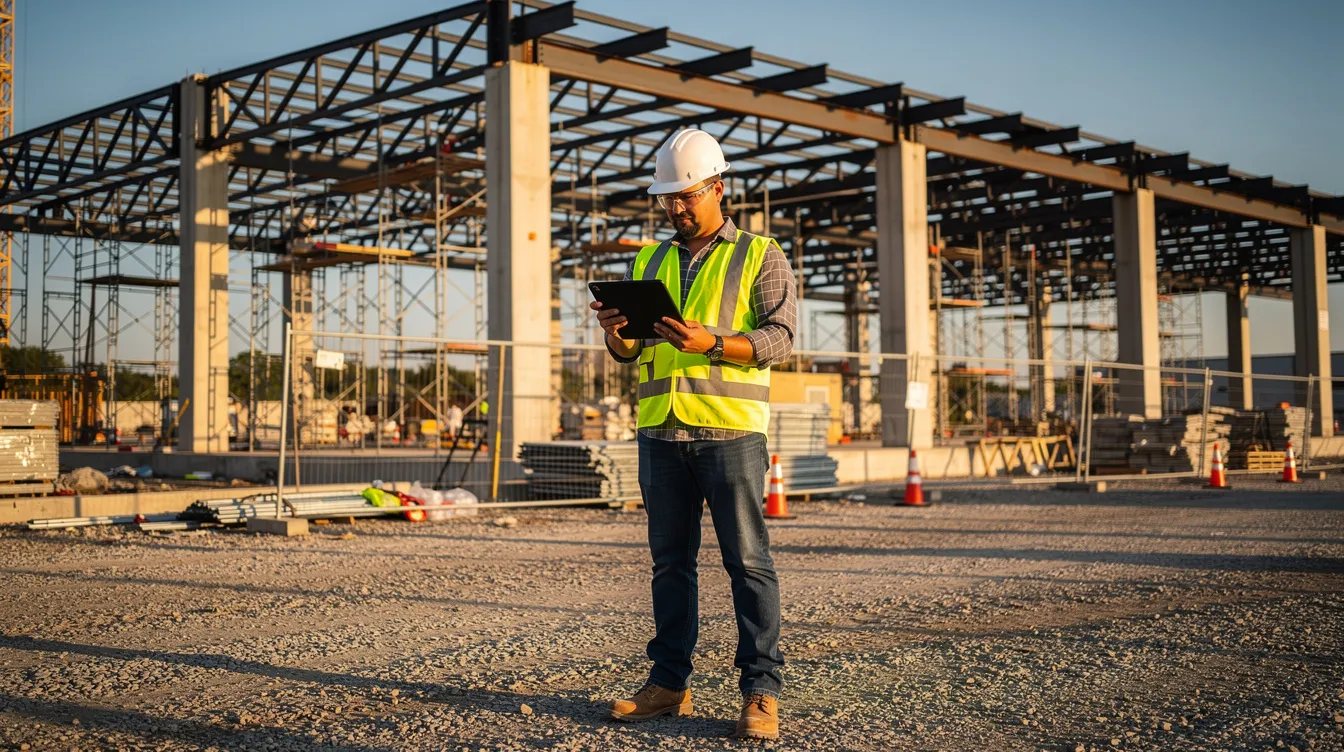 A construction superintendent stands on a commercial building site, focused on a tablet device while reviewing project data, with steel framing structures visible in the background. This scene highlights the integration of AI tools in the construction industry, emphasizing the role of project managers in enhancing operational efficiency and managing construction projects effectively.