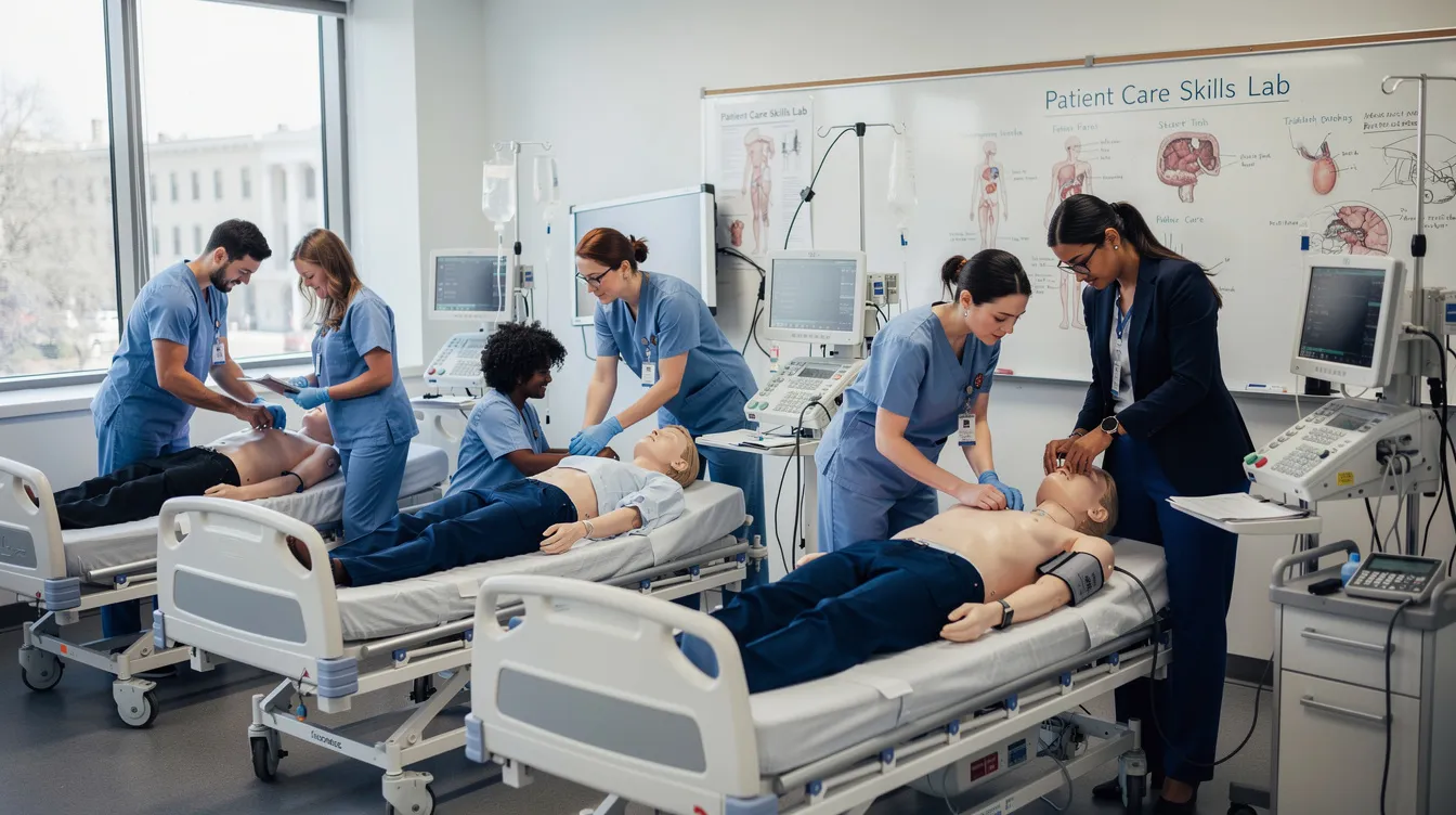 In a classroom setting, students are practicing patient care skills on training mannequins, focusing on taking vital signs and basic care techniques essential for certified nursing assistants. This hands-on experience prepares them for roles in healthcare facilities, where they will assist patients and support healthcare professionals in delivering quality care.
