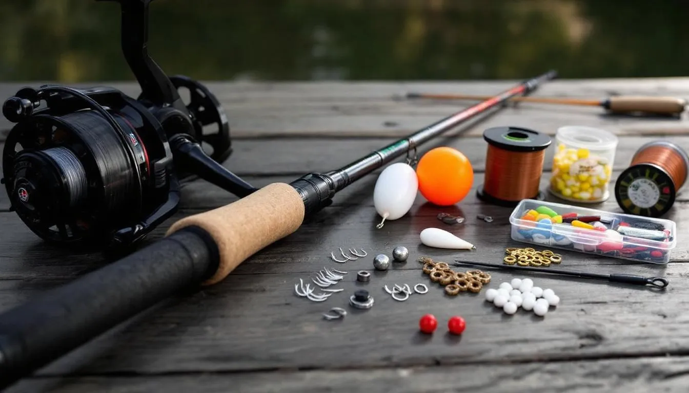 Na obrazku przedstawiony jest podstawowy zestaw wędkarski dla początkujących, składający się z wędki spinningowej, kołowrotka oraz różnych przynęt, w tym sztucznych much i przynęt naturalnych. Zestaw ten jest idealny do nauki najpopularniejszych metod łowienia ryb w wodach stojących i morskich.