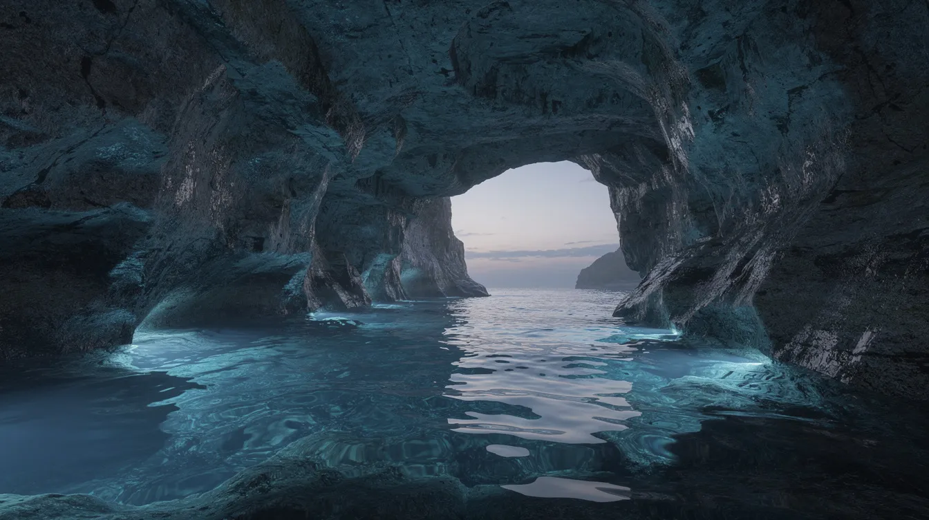 A imagem mostra uma gruta marinha iluminada por uma luz azul natural que se reflete na água, criando um ambiente mágico e sereno. Este cenário é típico da região da Dalmácia, na Croácia, famosa por suas impressionantes formações rochosas e águas cristalinas.