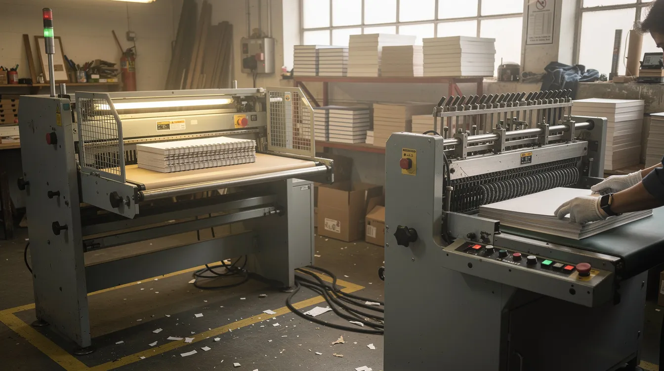 7eb5f5f9 3e20 44ab 9afe 07dfc93199f5 The image depicts industrial notebook binding and cutting machines set up in a small manufacturing workshop, showcasing the tools essential for producing high-quality stationery products. This environment highlights the potential for a successful stationery business, where efficient machinery supports the creation of various writing supplies and office essentials.