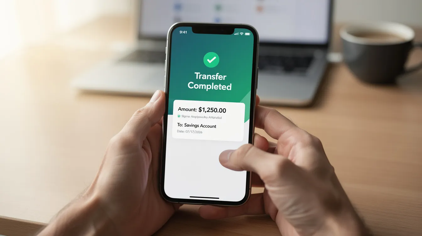 A pair of hands holds a smartphone displaying a financial app with a completed transfer screen, illustrating the process of sending money online to a recipient in Kenya. The app shows details about the transfer amount and recipient's phone number, emphasizing the ease of mobile money transactions with just a few taps.