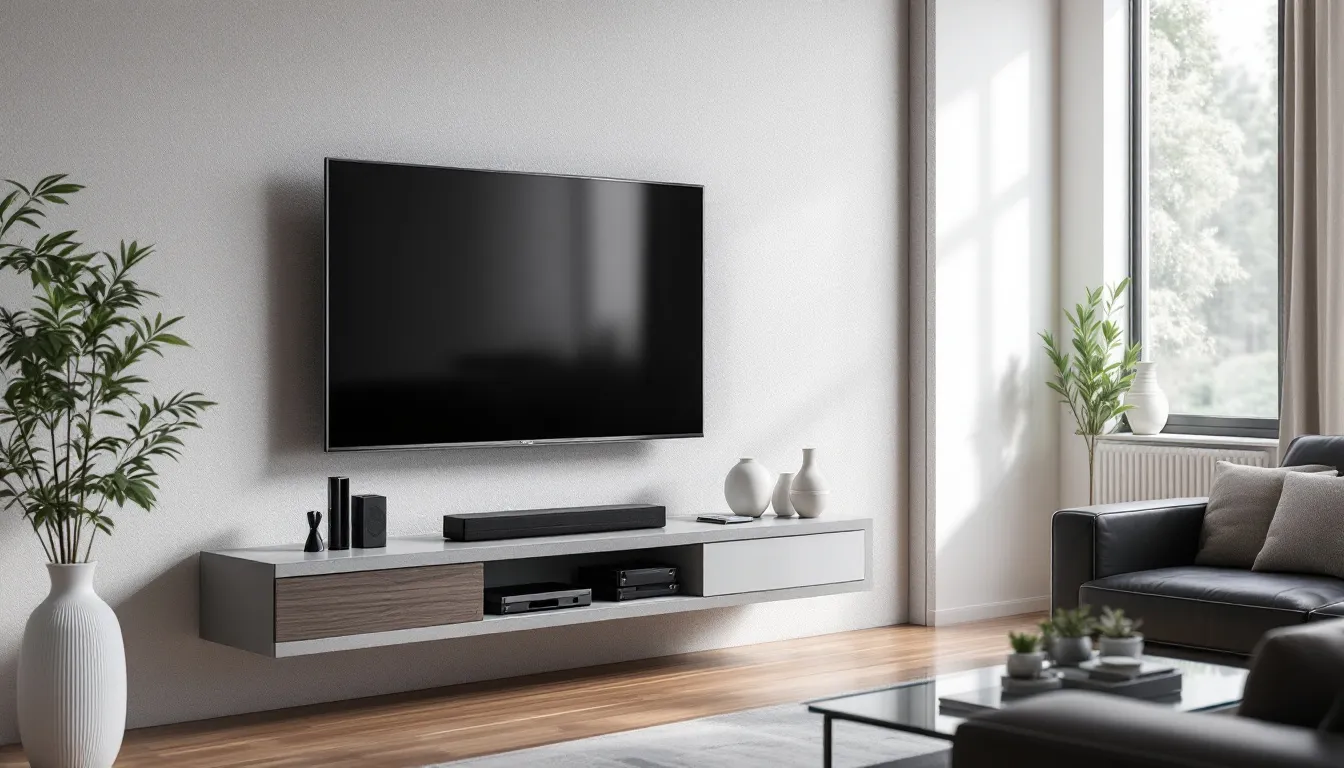 A modern living room features a stylish 120cm TV unit, designed to showcase entertainment equipment and complement the overall decor. The unit includes open shelves for storage of gaming consoles and decorative items, creating an inviting living space.