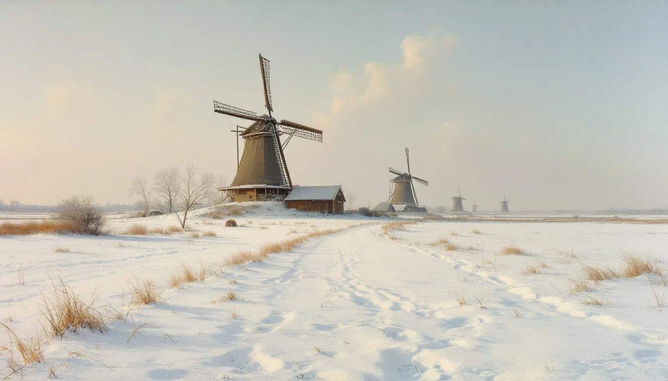 A winter landscape in the Netherlands covered in snow, highlighting temperature extremes.