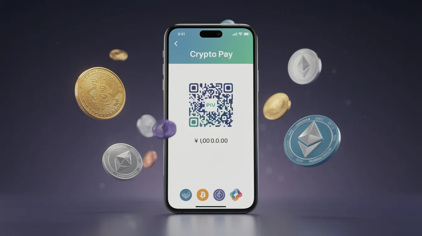 The image features a smartphone showcasing a QR code payment screen, surrounded by floating icons of various crypto coins. This visual represents the concept of accepting crypto payments through a payment gateway, highlighting the ease of customer transactions in the world of digital currencies.