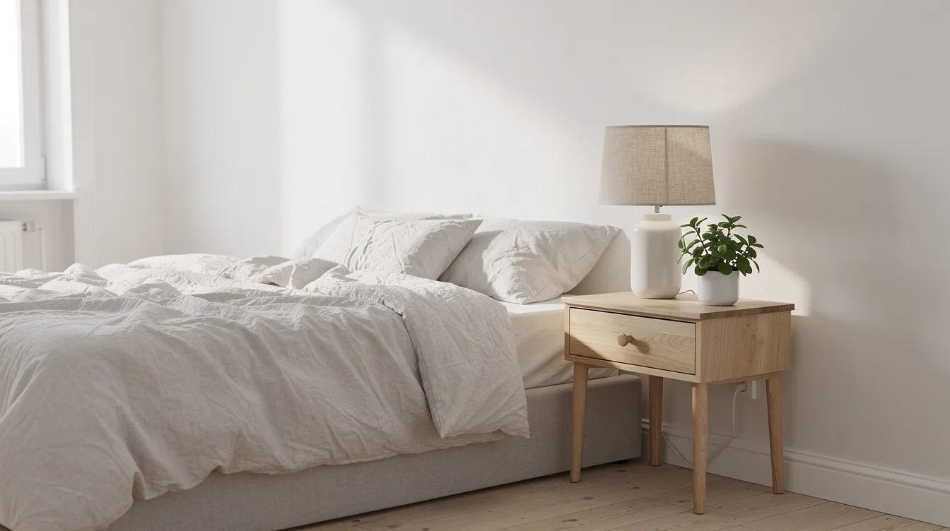 Een lichte slaapkamer in Scandinavische stijl met een stijlvol nachtkastje van robuust hout, dat twee lades heeft voor extra opbergruimte. Op het nachtkastje staat een klein plantje en een linnen lampenkap, wat bijdraagt aan de frisse uitstraling van de ruimte.