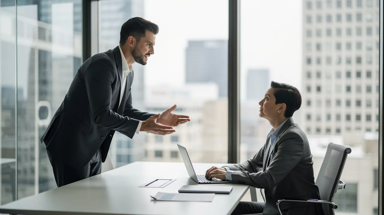 Deux professionnels échangent dans un bureau vitré, l'un debout et l'autre assis, illustrant une posture d'écoute attentive. Cette scène met en avant l'importance de la communication et des interactions au travail, essentielles pour renforcer les relations professionnelles et mieux se connaître à travers des outils comme la méthode DISC.