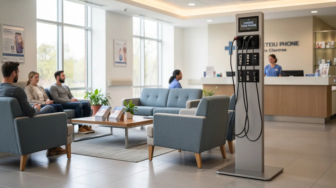 The image depicts a hospital lobby waiting area featuring a freestanding phone charging kiosk alongside comfortable seating. This setup provides a secure and convenient space for patients and visitors to charge their mobile devices while maintaining a focus on safety and compliance with facility policies.