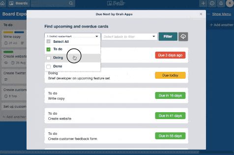 A screenshot of Due Next, one of the top Trello Power-Ups.