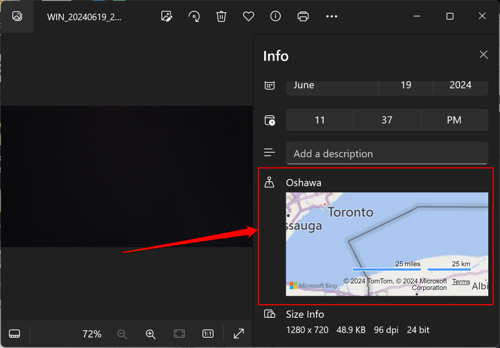 A picture's GPS location information in the Windows Photos app