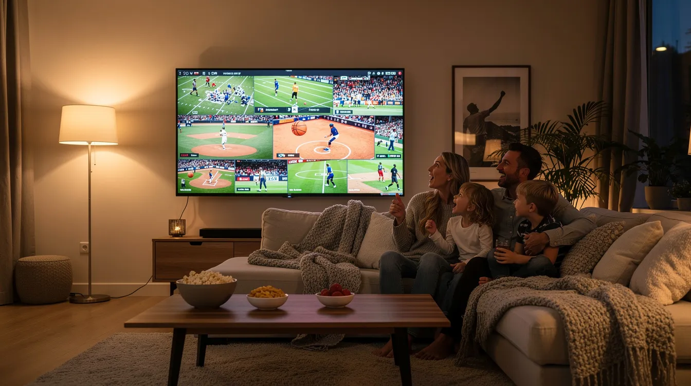 A cozy living room features a large smart TV displaying multiple sports channels, while a family gathers together, enjoying their time watching live TV. The scene highlights the comfort of family bonding over IPTV service, showcasing the convenience of streaming various channels, including sports, on a single device.