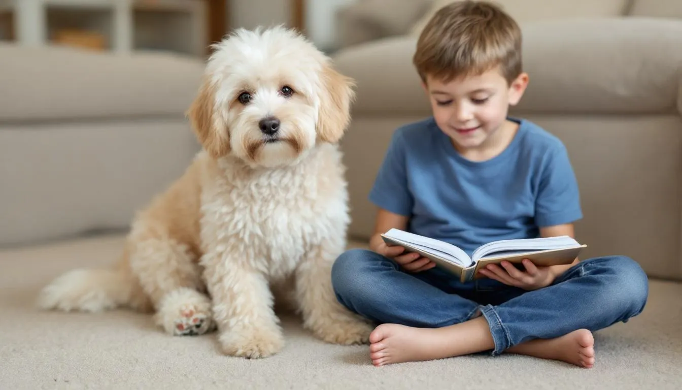 A calm maltipoo sits beside a young child who is engrossed in reading a book on a soft carpet. The small dog, known for its affectionate nature and low-shedding coat, adds a warm presence to the cozy scene.
