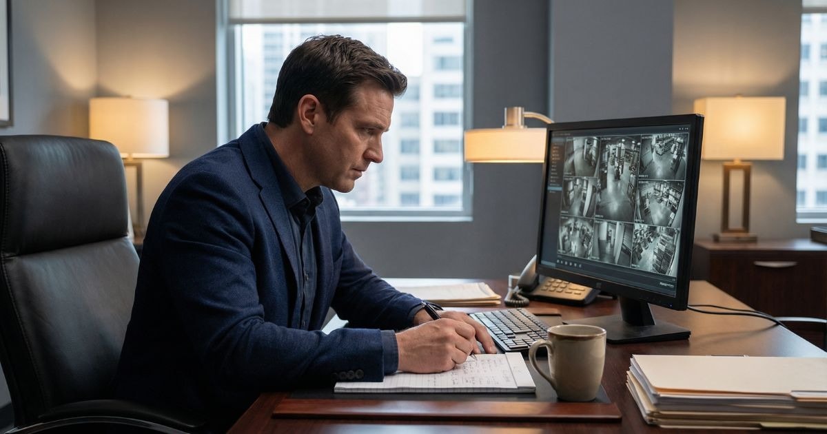 Professional private investigator conducting discreet workplace surveillance in an office setting in Orange County, California.