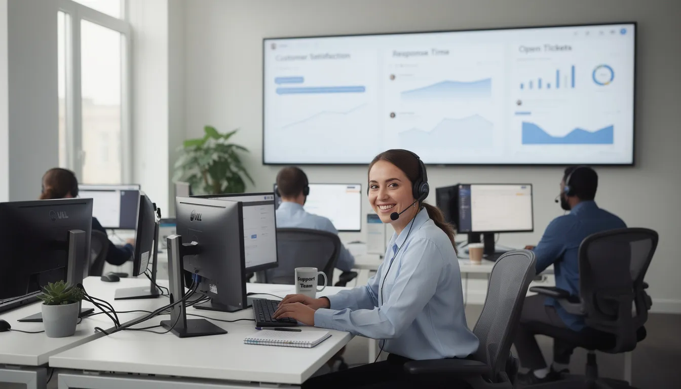 The image depicts a customer support representative assisting a client over the phone, likely discussing options for professional DSTV installation services in Gansbaai. The representative appears attentive and friendly, ready to address any DSTV-related inquiries, including installation costs and troubleshooting signal issues.