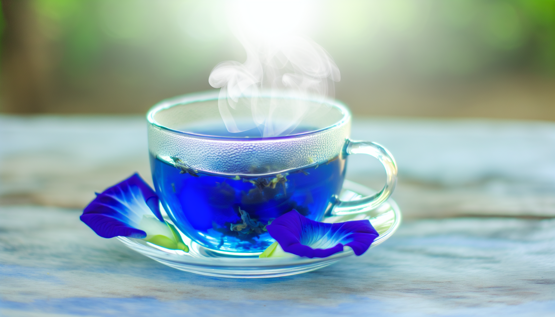 Steaming cup of freshly brewed blue tea with butterfly pea flowers