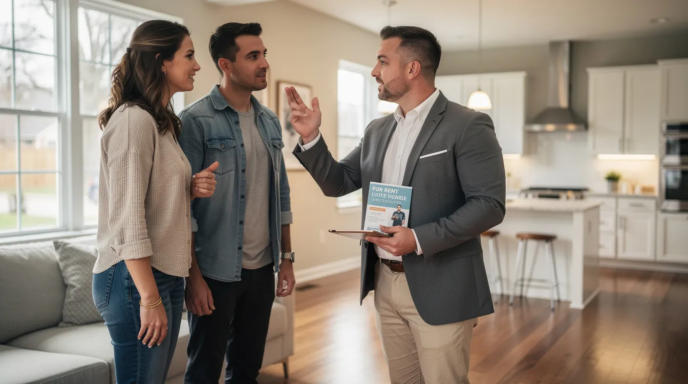 A property manager is showing a rental home to prospective tenants, highlighting its features and amenities. This scene reflects the essential role of property management in connecting property owners with potential renters in the competitive real estate market.